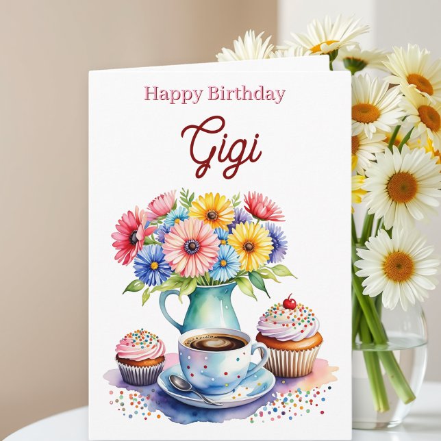 Cartão Feliz Aniversário Gigi | Flores e Cupcakes (Criador carregado)