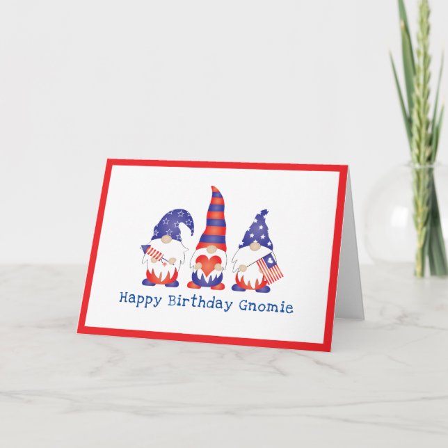 Cartão Feliz aniversário Gnomie Red White Blue Card (Frente)