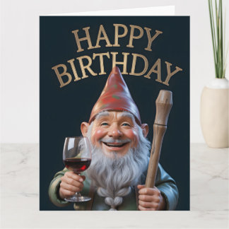 Cartão "Feliz Aniversário" Gnomo Brindando com Vinho Tint