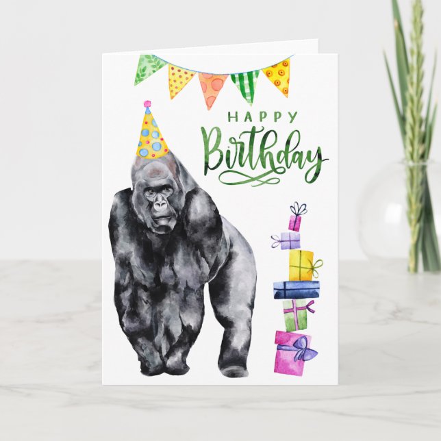 Cartão Feliz aniversário Gorilla Watercolor (Frente)