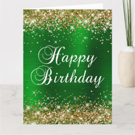 Cartão Feliz Aniversário Grande Brilho Dourado Verde Folh
