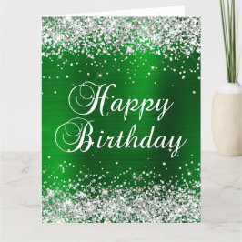 Cartão Feliz Aniversário Grande Brilho Prata Verde Folha