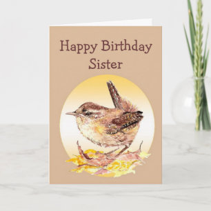 Cartão Feliz Aniversário Irmã Watercolor House Wren Bir
