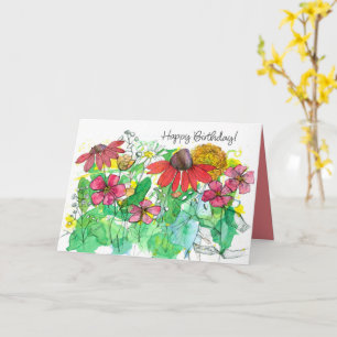 Cartão Feliz Aniversário Jardim de Verão Brilhante Flores