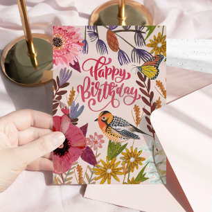 Cartão Feliz Aniversário Jardim Floral de Pássaros e Borb