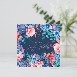 Cartão Feliz Aniversário Jardim Floral Marinho Azul