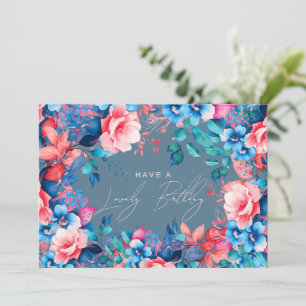 Cartão Feliz Aniversário Jardim Floral Pó Azul