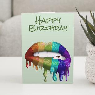 Cartão Feliz Aniversário Lábios de Arco-Íris Pingando