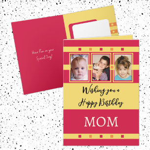 Cartão Feliz Aniversário Mãe adiciona 3 fotos vermelhas