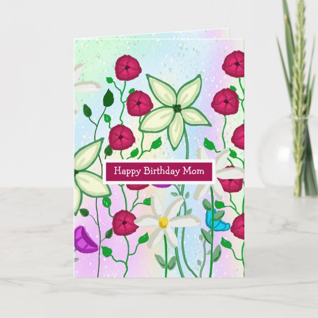 Cartão Feliz Aniversário Mãe, Bonito Aquarela Floral (Frente)