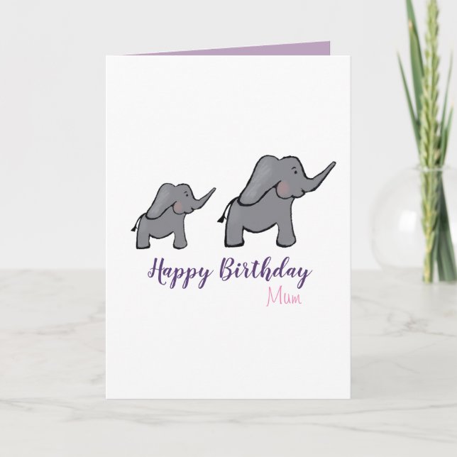 Cartão Feliz aniversário, mãe de elefante, mãe e bebê (Frente)
