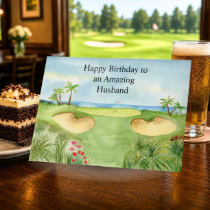 Cartão Feliz Aniversário Marido Campo de Golfe Tropical