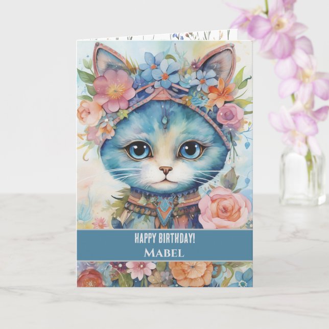 Cartão Feliz Aniversário Menina Gato Azul Olhos Largos Fl (Orquídea)