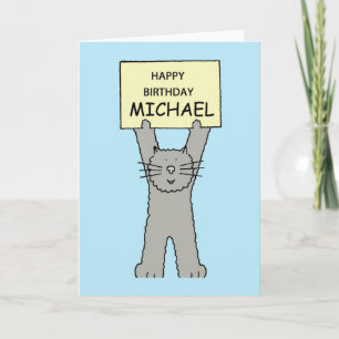 Cartão Feliz Aniversário Michael Cartoon Cinza Cat