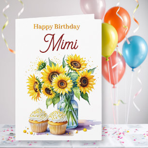 Cartão Feliz Aniversário Mimi   Girassóis e Cupcakes