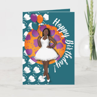 Cartão Feliz aniversário! Mulher Negra, Balões e Flores