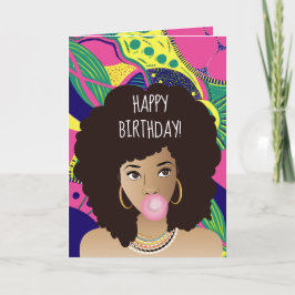 Cartão Feliz aniversário! Mulher Negra, Bubblegum, Colori