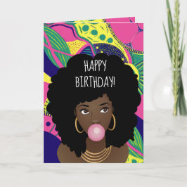 Cartão Feliz aniversário! Mulher Negra, Bubblegum, Colori