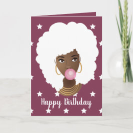 Cartão Feliz aniversário! Mulher Negra, Cabelo Branco e E