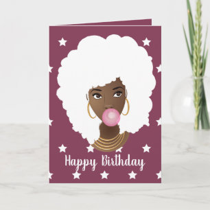 Cartão Feliz aniversário! Mulher Negra, Cabelo Branco e E