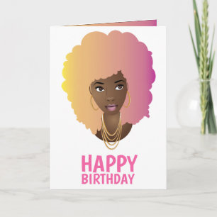 Cartão Feliz aniversário! Mulher Negra, Cabelo Colorido