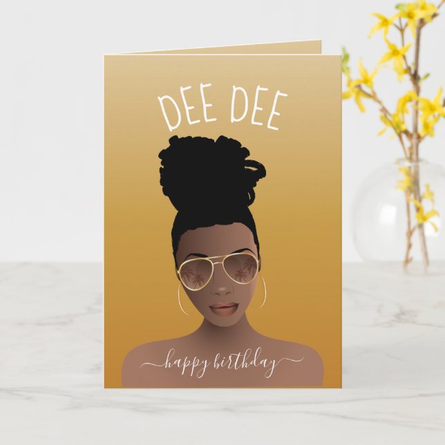 Cartão Feliz Aniversário, Mulher Negra com Sombras Dourad (Flor Amarela)