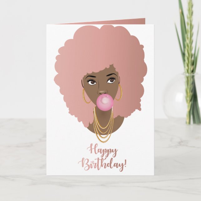 Cartão Feliz aniversário! Mulher Negra, Goma Rosa Rosa De (Frente)