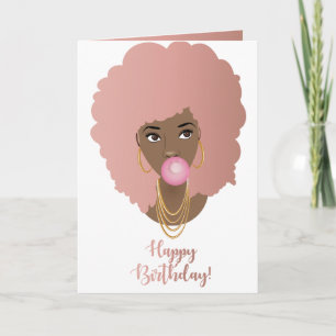 Cartão Feliz aniversário! Mulher Negra, Goma Rosa Rosa De