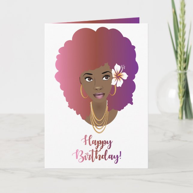 Cartão Feliz aniversário! Mulher Negra, Rosa e Púrpura Af (Frente)