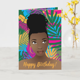 Cartão Feliz aniversário! Mulher Negra, Tropical Colorida