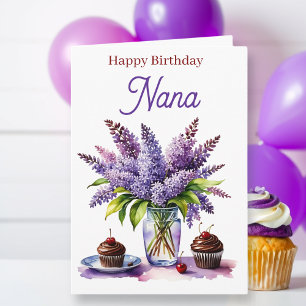 Cartão Feliz Aniversário Nana Lilases e Bolinhos