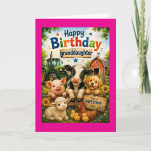 Cartão Feliz Aniversário Netas Animais da Fazenda (Rosa)