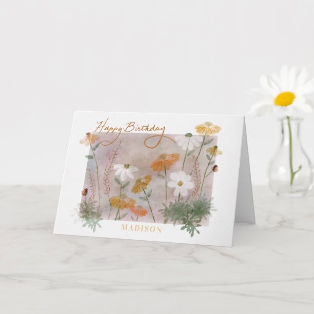 Cartão Feliz Aniversário Nome Personalizado Aquarela Flor (Planta pequena)