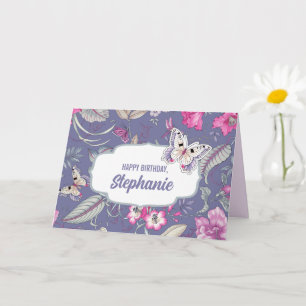 Cartão Feliz aniversário. Nome personalizado   Flores e 