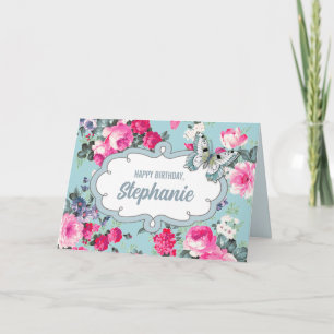 Cartão Feliz aniversário. Nome personalizado Flores e b