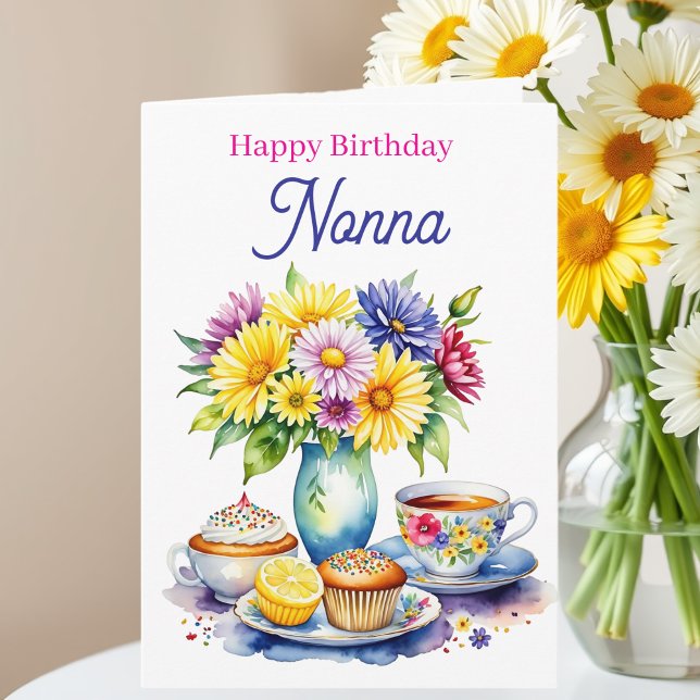 Cartão Feliz Aniversário Nonna | Flores e Bolinhos (Criador carregado)