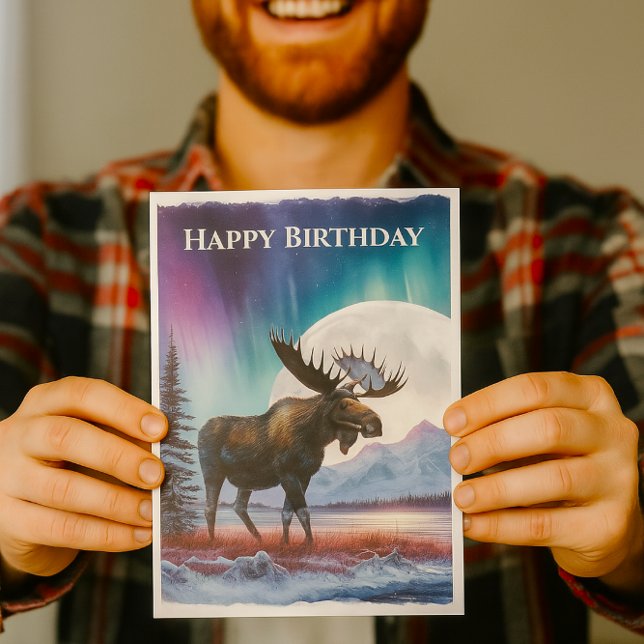 Cartão Feliz Aniversário Norte Luzes do Alasca Moose (Watercolor Wildlife Bull Moose Birthday Card for him )