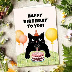 Cartão Feliz aniversário para você com gatinho preto e bo