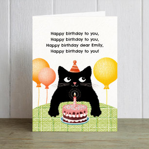 Cartão Feliz aniversário para você com gato, bolo e vela