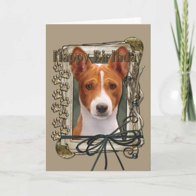 Cartão Feliz Aniversário - Patas Pedras - Basenji (Frente)