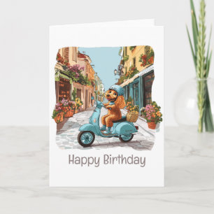 Cartão Feliz Aniversário - Patinete de Poodle Dog Riding