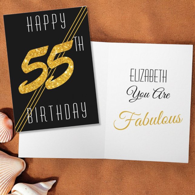 Cartão Feliz Aniversário Personalizado, Dourada Glitter 5 (55th birthday folding card cover and inside template greeting)