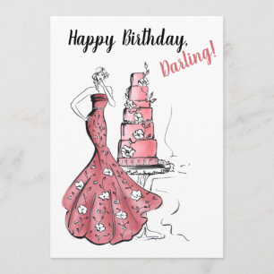 Cartão Feliz Aniversário, Pink Cake Fashion Illustration