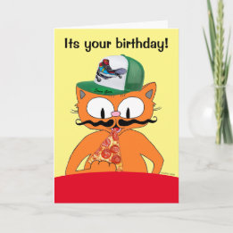 Cartão Feliz Aniversário Pizza Festa Desenho Animado Gato