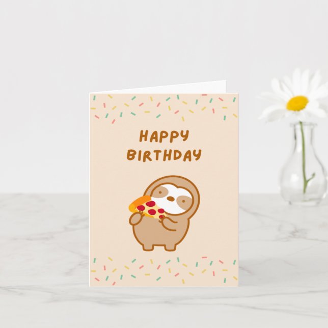 Cartão Feliz aniversário Pizza Sloth (Planta pequena)