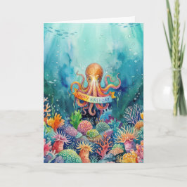 Cartão Feliz Aniversário Polvo Oceano Vida Marinha Água P