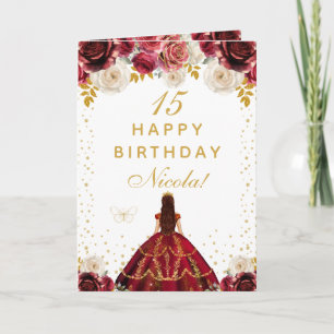 Cartão Feliz Aniversário Princesa Floral Vermelha