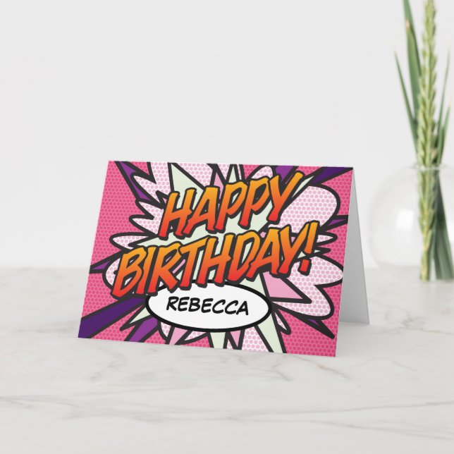 Cartão FELIZ ANIVERSÁRIO Quadrinhos Pop Art Rosa (Frente)