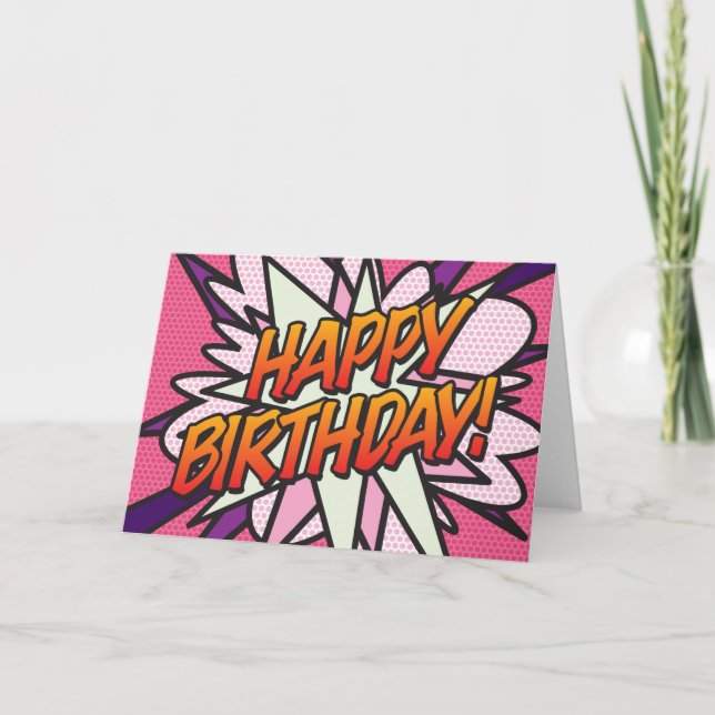 Cartão FELIZ ANIVERSÁRIO Quadrinhos Pop Art Rosa (Frente)