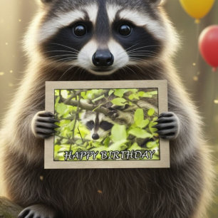 Cartão Feliz Aniversário Raccoon Na Placa De Árvore